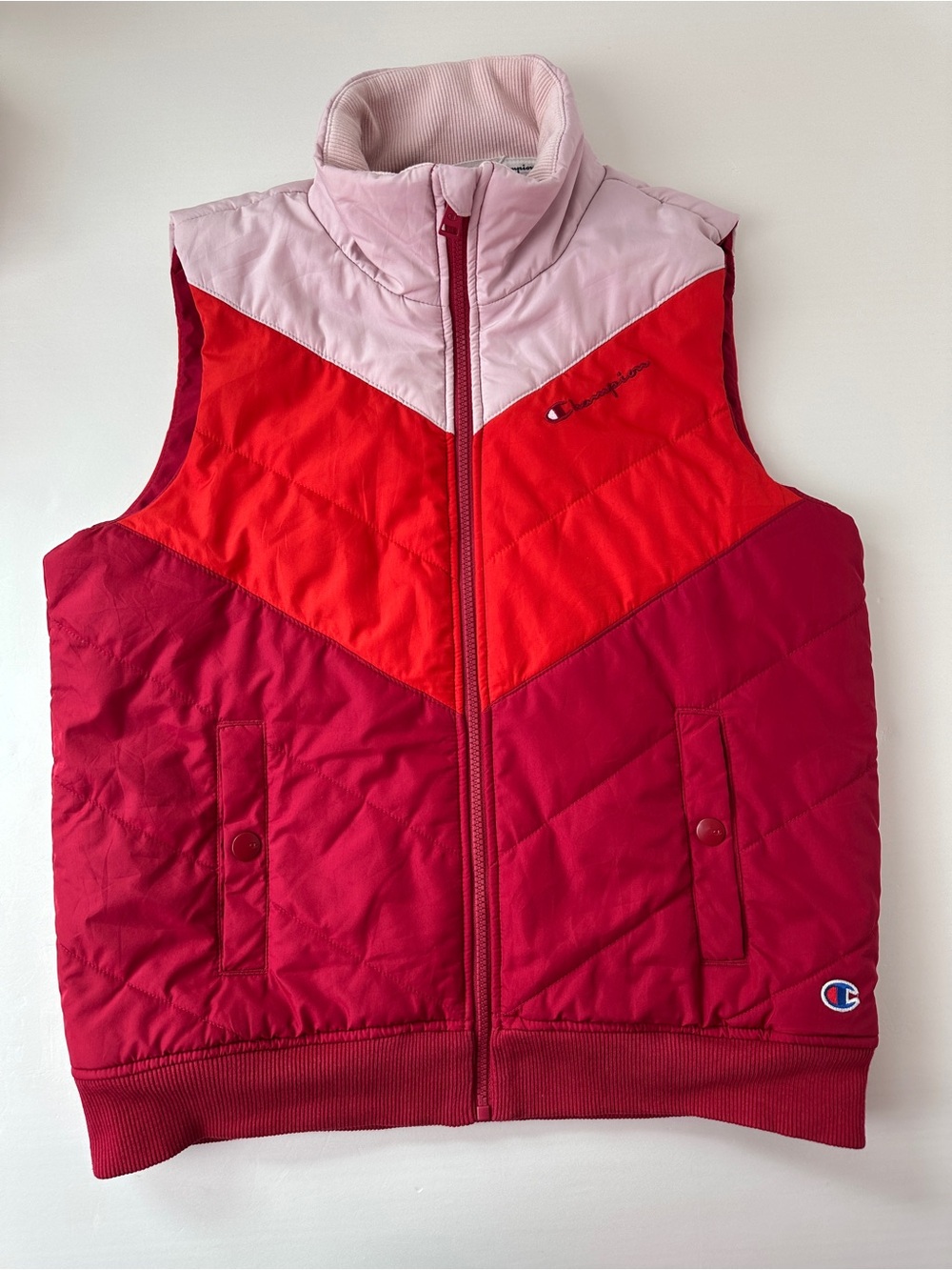 Champion Womens Medium Colorblock Chevron Puffer Vest Pink Red Quilted Full Zip